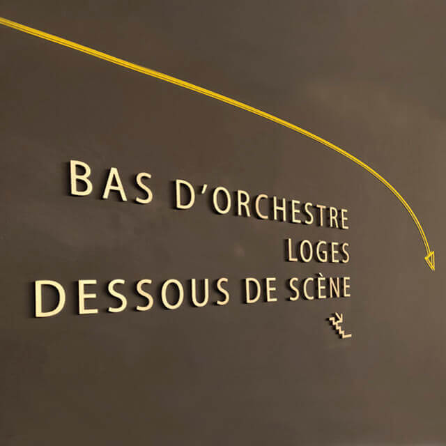 señalética realizada con letras sueltas recortadas en aluminio sobre pared